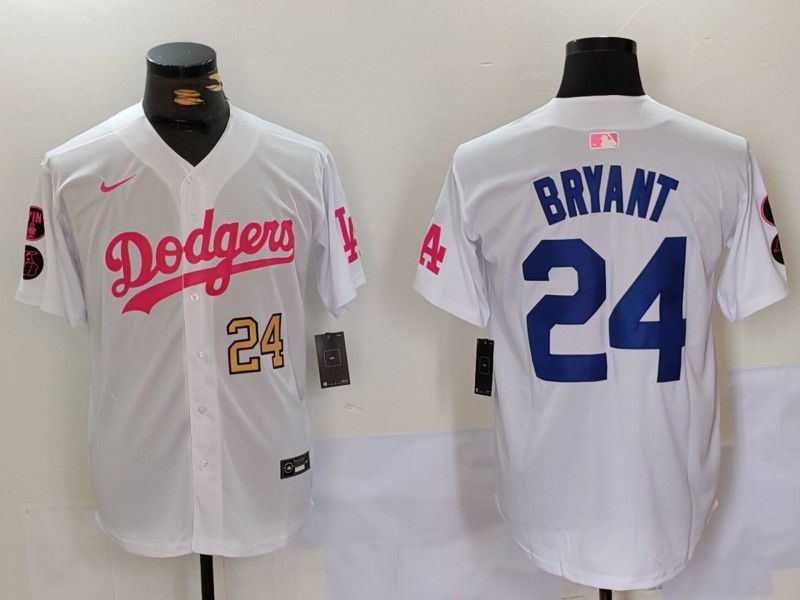 Men Los Angeles Dodgers 24 Bryant White pink joint name 2024 Nike MLB Jersey style 4